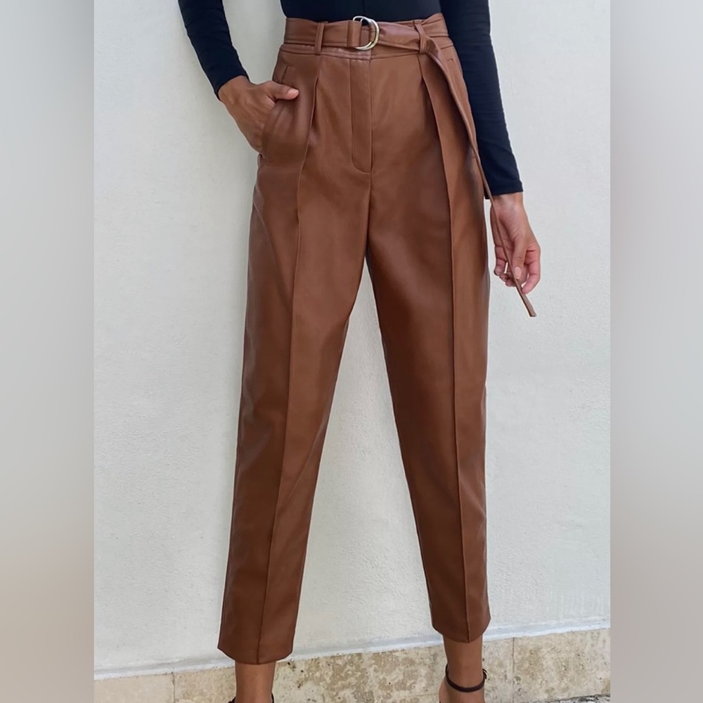 Aritzia Cigarette Pant Babaton Vegan Leather Belted Trouser Sz 4 Small